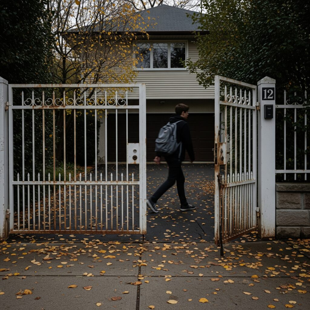 A student done with school walking past his house's metal gates