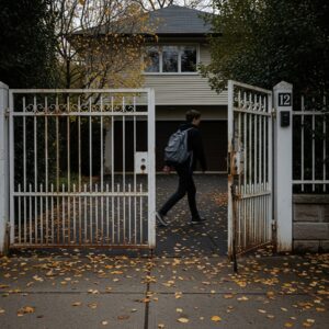 A student done with school walking past his house's metal gates