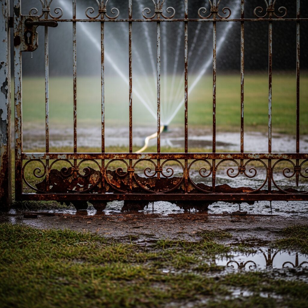 A metal gate being eroded